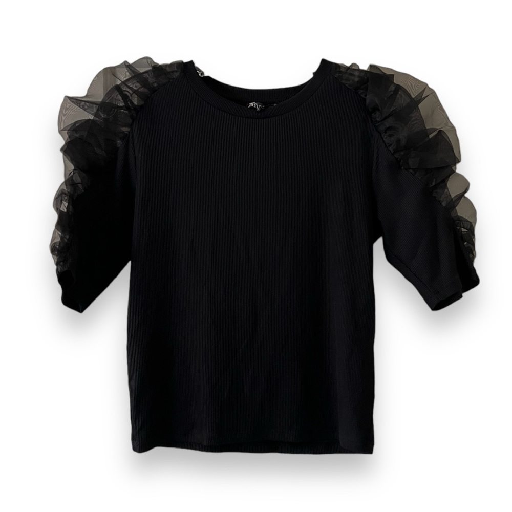 Zara Fancy Puff Sleeve Black Top - NWT